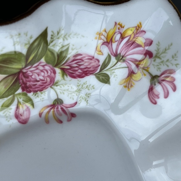 Rosina bone china snack dish, honeysuckle & thistle, gold accents, like new. - Picture 2 of 13
